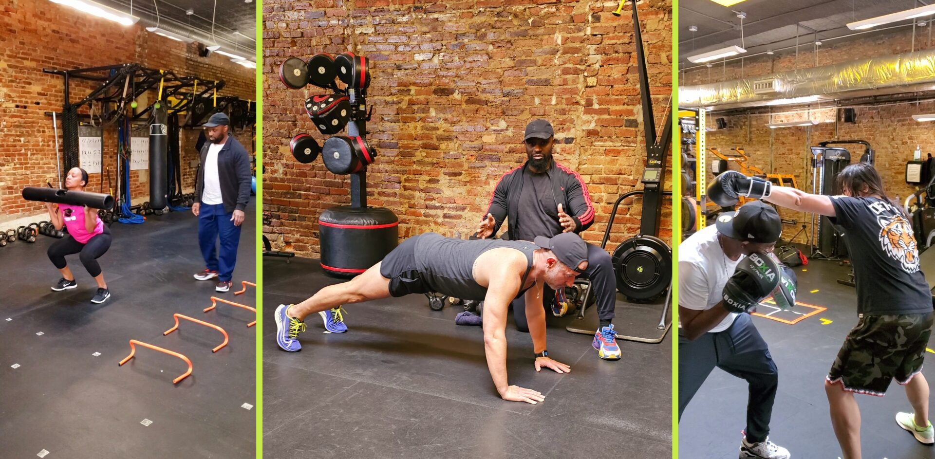 A man doing push ups in front of two other men.