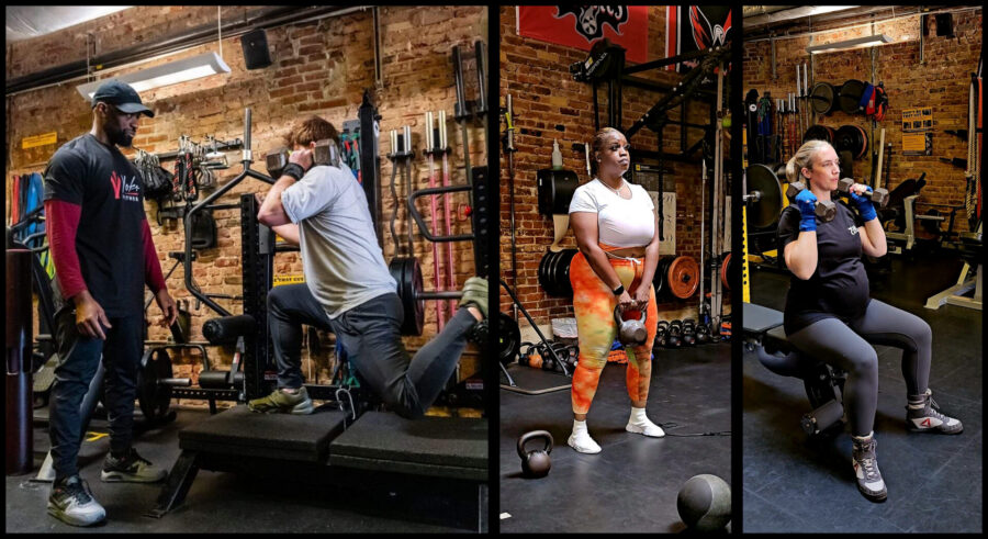 Three people are doing exercises in a gym.