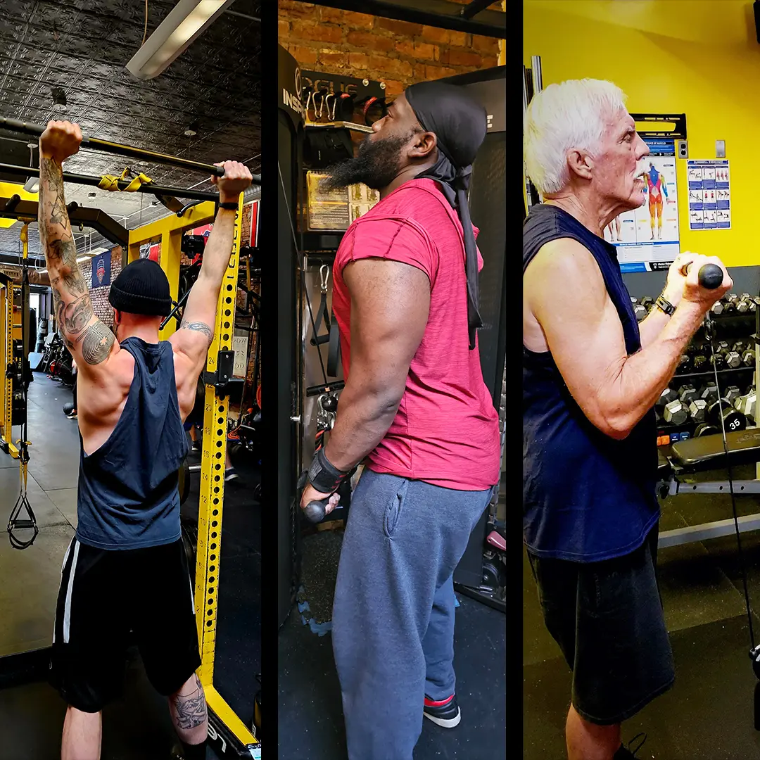 Three men of different ages work out at a gym.
