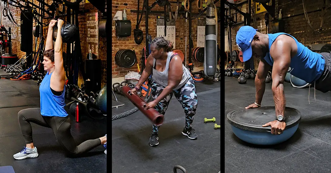 Three people doing different exercises in a gym.